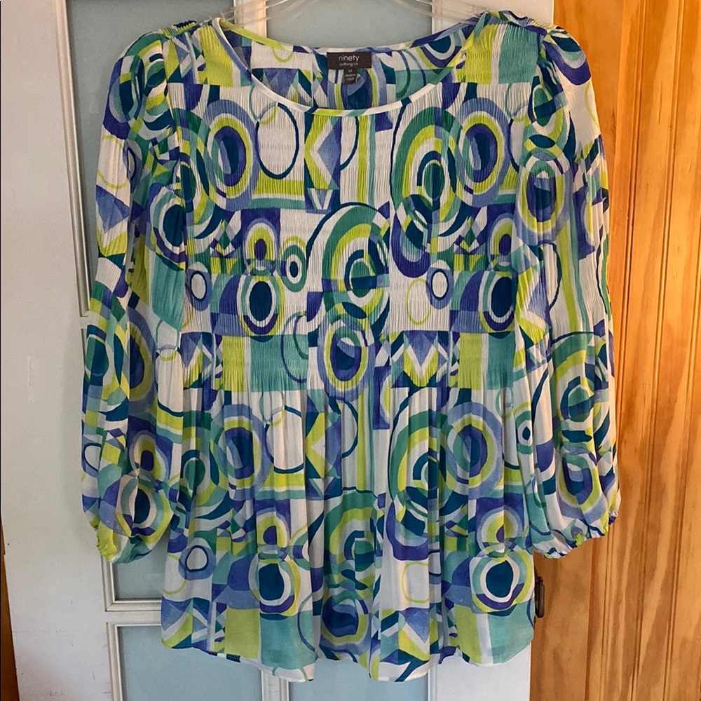 Ninety Women's Blue Green Abstract Blouse